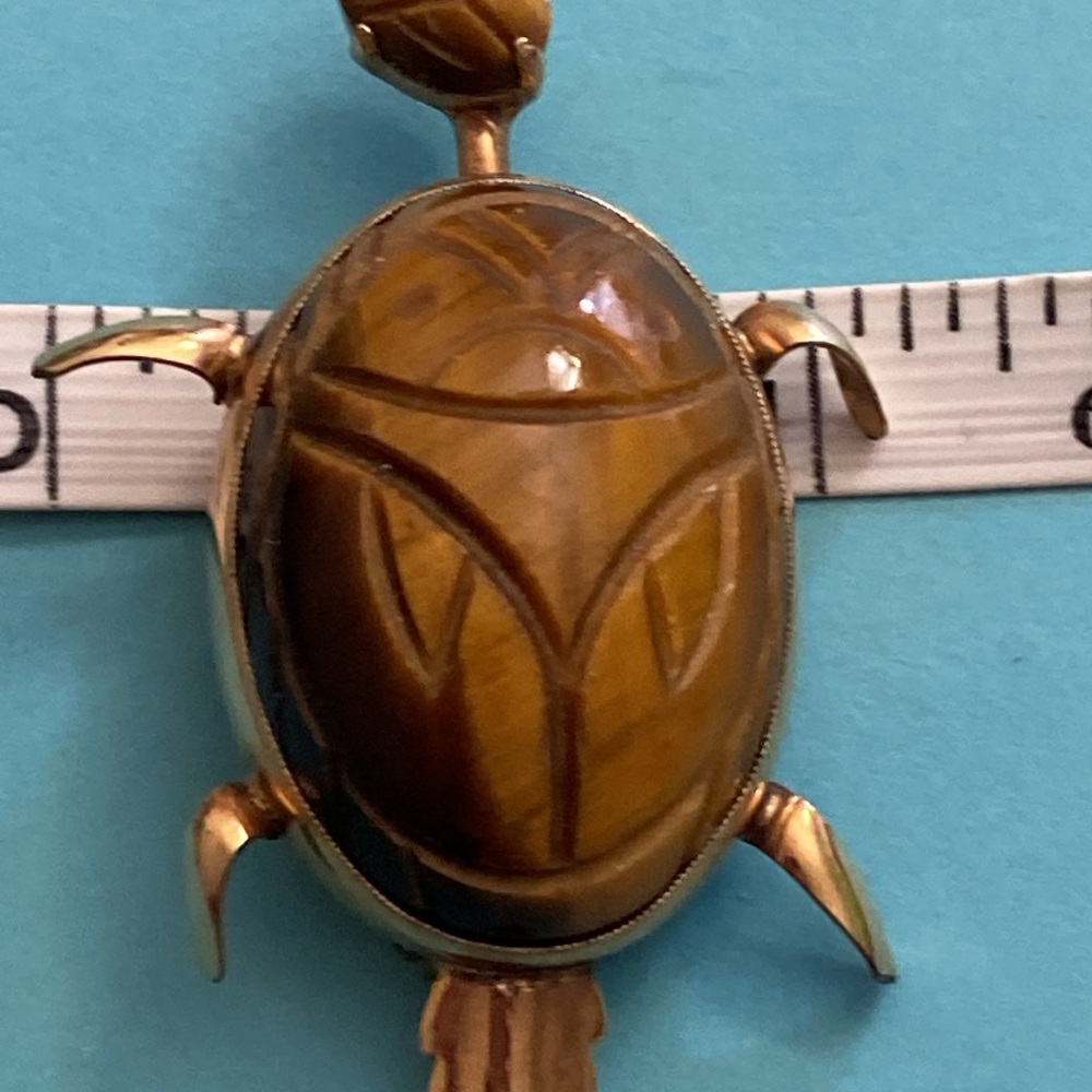 Vintage 60s 12K GF Tigers Eye Stone Carved Scarab Turtle Broach - Picture 8 of 9